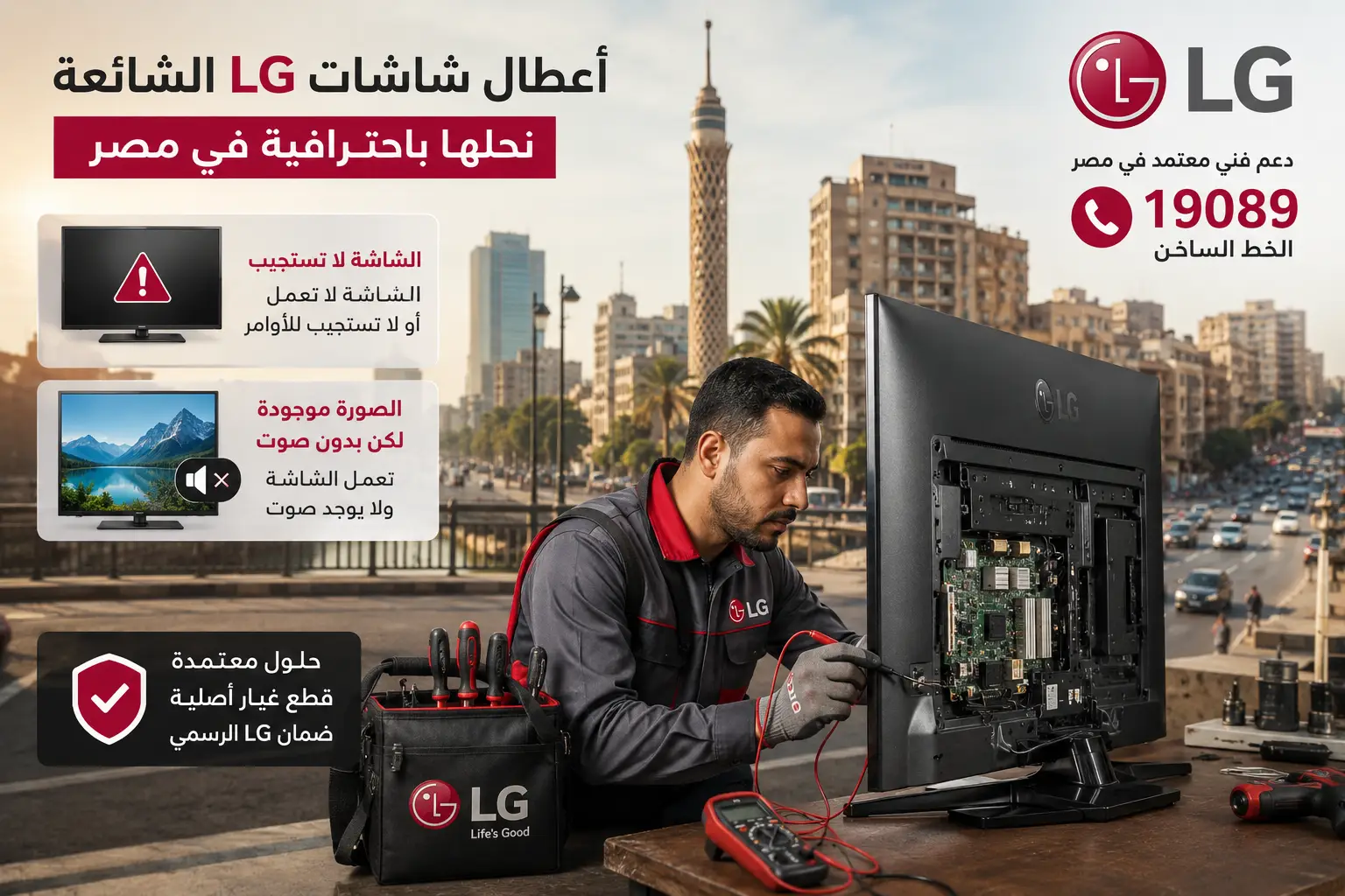 صورة لفني مركز صيانة LG يقوم بتصليح أعطال شاشات LG